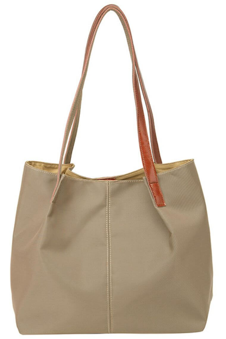 khaki women tote bag in waterproof nylon | fashion tote bag for work } summer beach tote bag for vacation | travel laptop tote bag | everyday shopping tote bag with leather trim